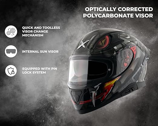 Axor Apex Venomous ISI ECE DOT Certified Full Face Dual Visor Helmet for Men and Women with Pinlock Fitted Outer Clear Visor and Inner Smoke Sun Visor Black Grey