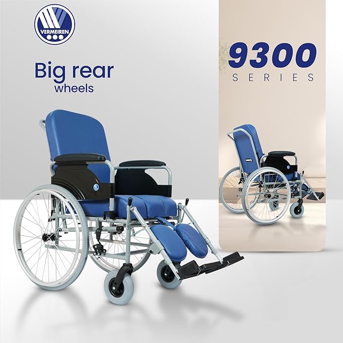 VERMEIREN 9300 Reclining Premium Wheelchair | Commode Chair with Sturdy Frame, Foldable & Extra Padded Seats, Upto120Kg Weight Capacity - Belgium Technology
