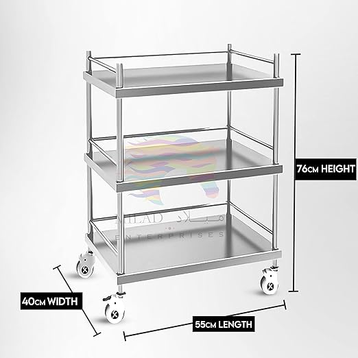 MILAD Hospital Trolley 3 Shelf Stainless Steel Medical Instrument Trolley with 4 Castor Wheels | Medical Trolley with Wheels | Surgical Clinic Trolley (55 L × 40 W × 76 H CM's)