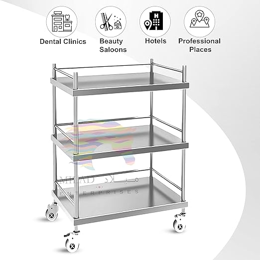 MILAD Hospital Trolley 3 Shelf Stainless Steel Medical Instrument Trolley with 4 Castor Wheels | Medical Trolley with Wheels | Surgical Clinic Trolley (55 L × 40 W × 76 H CM's)