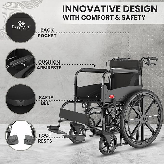 EASYCARE Foldable WITH Hand & Attendant Brake Wheelchair for Old People and Patient, Suitable for Indoor & Travel-Friendly with Adjustable & Comfort Seat Belt with Footrests, Wheel Chair