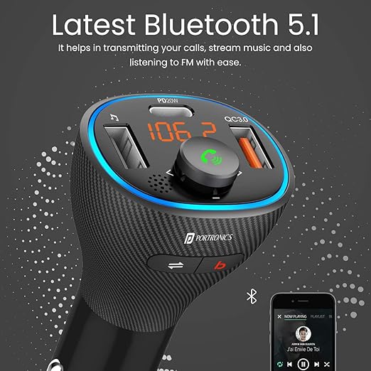 Portronics Auto 15 Bluetooth - FM Transmitter in-Car Radio Adapter for Hands-Free Calling, Music Streaming, USB Reading, 20W/38 W Max Output, Fast Charger, Supports All Smartphones (Black)