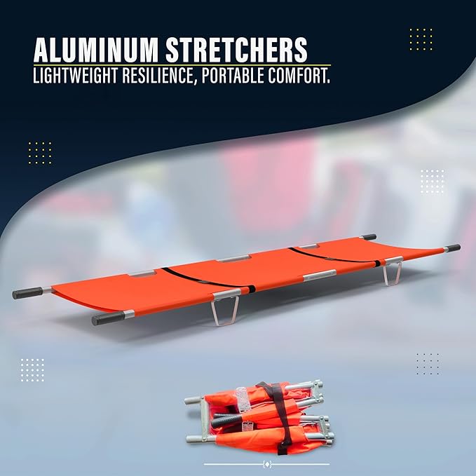 Otica Foldable Stretcher For Patient Shifting, Portable Stretcher For Emergency Hospital Use, Stretcher For Patient With Safety Belt, Stretcher For Ambulance (Aluminium, Four Fold) - Orange