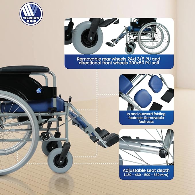 VERMEIREN 9300 Reclining Premium Wheelchair | Commode Chair with Sturdy Frame, Foldable & Extra Padded Seats, Upto120Kg Weight Capacity - Belgium Technology