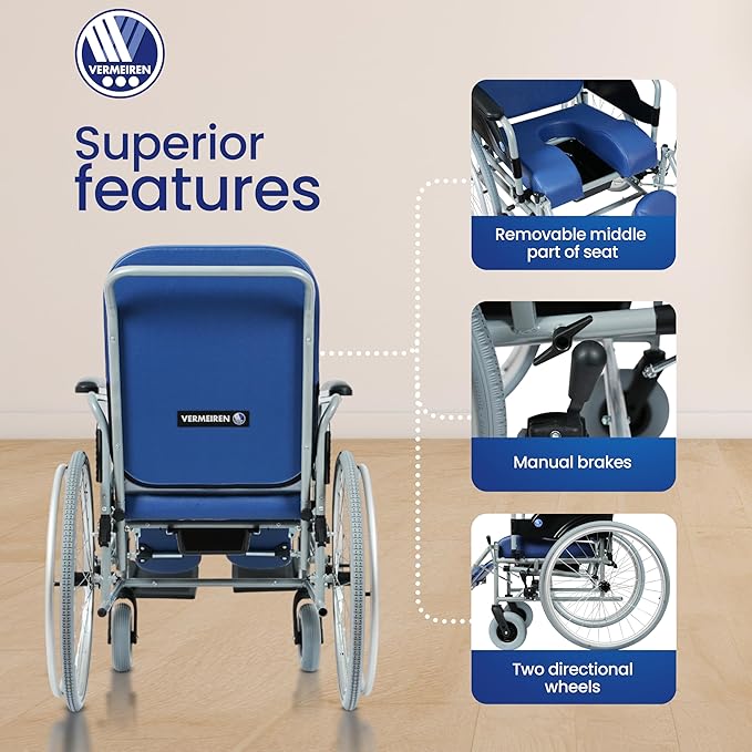 VERMEIREN 9300 Reclining Premium Wheelchair | Commode Chair with Sturdy Frame, Foldable & Extra Padded Seats, Upto120Kg Weight Capacity - Belgium Technology