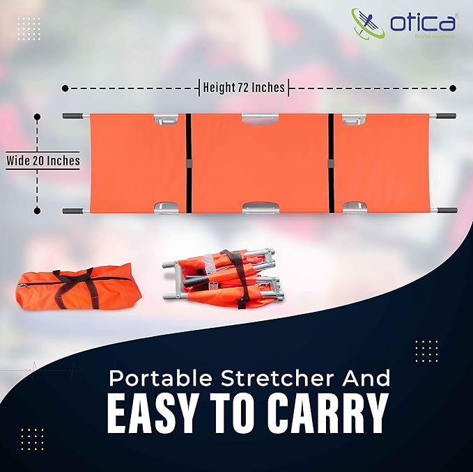 Otica Foldable Stretcher For Patient Shifting, Portable Stretcher For Emergency Hospital Use, Stretcher For Patient With Safety Belt, Stretcher For Ambulance (Aluminium, Four Fold) - Orange