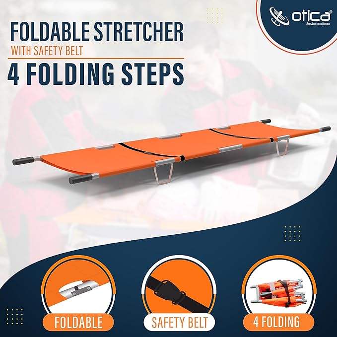Otica Foldable Stretcher For Patient Shifting, Portable Stretcher For Emergency Hospital Use, Stretcher For Patient With Safety Belt, Stretcher For Ambulance (Aluminium, Four Fold) - Orange