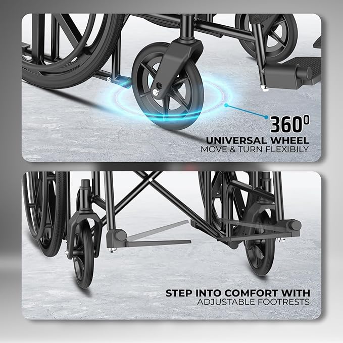 EASYCARE Foldable WITH Hand & Attendant Brake Wheelchair for Old People and Patient, Suitable for Indoor & Travel-Friendly with Adjustable & Comfort Seat Belt with Footrests, Wheel Chair