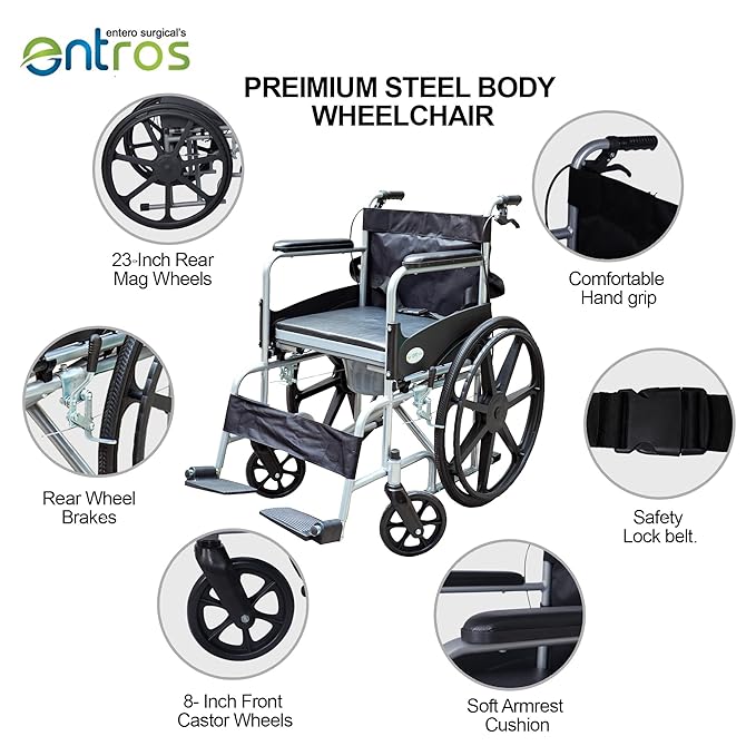 Entros Foldable Premium Mag wheel Commode Wheelchair with Attendant Brake | Detachable Cushion Seat & Toilet Bucket | Ideal Wheelchair for Old People & Patients, Metallic Silver Finish-8005S